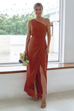 Rust One Shoulder Satin Long Asymmetrical Bridesmaid Dress