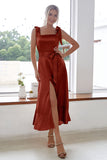 Champagne Square Neck Short Bridesmaid Dress With Slit