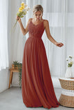 Mint Green A Line V Neck Long Pleated Bridesmaid Dress