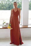 Burgundy A Line Long Bridesmaid Dress With Slit