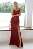 Burgundy Sheath V Neck Satin Long Bridesmaid Dress With Split