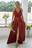 Dark Green Backless V-Neck Long Bridesmaid Dress With Side Slit
