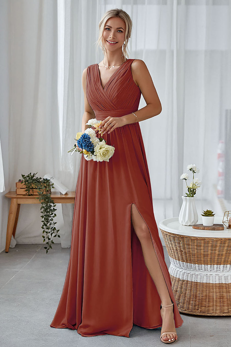 terracotta bridesmaid dresses uk Madison Long Sleeve Tulle Maxi Dress in Terracotta Rose
