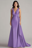 Peacock Mermaid Deep V-Neck Long Satin Formal Dress with Drape