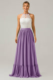 Silver A-Line Halter Pleated Keyhole Chiffon Bridesmaid Dress With Lace