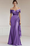 Satin Peacock Sheath Off the Shoulder Long Formal Dress