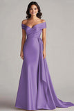 Peacock Mermaid Satin Off the Shoulder Long Formal Dress with Pleats