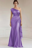 Peacock One Shoulder Sheath Satin Maxi Ruched Formal Dress