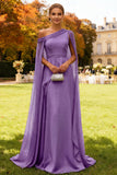 Dark Green Long One Shoulder Chiffon Wedding Guest Dress with Cape
