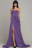 Peacock A Line Sleeveless Long Satin Formal Dress with Slit