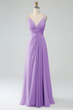 A-Line Pleated Spaghetti Straps Chiffon Bridesmaid Dress With Slit