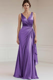 Peacock Sheath Satin Sleeveless Long Formal Dress with Ruffles