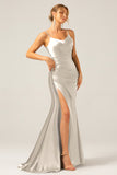 Dusty Blue Mermaid Spaghetti Straps Lace-up Back Prom Dress with Slit