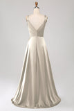 Dusty Rose A-Line Spaghetti Straps Satin Long Prom Dress With Slit
