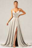 A Line Satin Dusty Blue Spaghetti Straps Prom Dress with Slit