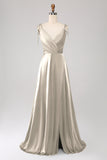 Dusty Rose A-Line Spaghetti Straps Satin Long Prom Dress With Slit