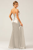 Dusty Blue Mermaid Spaghetti Straps Lace-up Back Prom Dress with Slit
