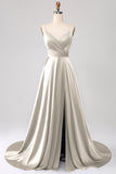 Dusty Blue A Line Spaghetti Straps Satin Prom Dress with Slit