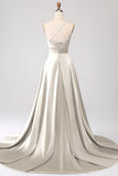 Dusty Blue A Line Spaghetti Straps Satin Prom Dress with Slit