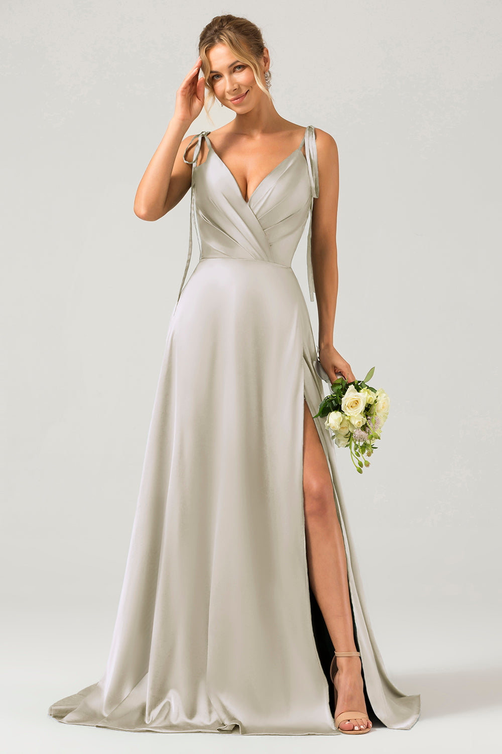 Leely Women A-Line Dusty Rose Long Bridesmaid Dress Satin V-Neck Wedding Guest Dress with Slit leelyuk Leely Women A-Line Dusty Rose Long Bridesmaid Dress Satin V-Neck Wedding Guest Dress with Slit leelyuk