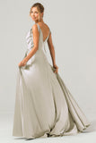Dusty Rose A-Line Spaghetti Straps Satin Long Bridesmaid Dress With Slit