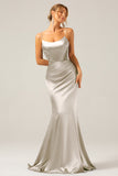 Dusty Blue Mermaid Satin Spaghetti Straps Long Bridesmaid Dress