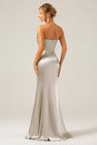 Dusty Blue Mermaid Satin Spaghetti Straps Long Bridesmaid Dress