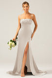 Dusty Rose Long Sheath Spaghetti Straps Bridesmaid Dress With Slit
