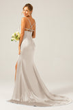 Dusty Rose Long Sheath Spaghetti Straps Bridesmaid Dress With Slit