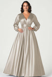A-Line Peacock Satin Mother of the Bride Dress with Long Sleeves