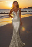 Sparkly Plum Spaghetti Straps Sequined Mermaid Formal Dress
