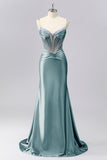 Grey Blue Mermaid Spaghetti Straps Sparkly Maxi Prom Dress with Beading