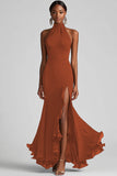 Terracotta Halter Sheath Ruffle Formal Dress with Slit