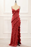 Rust Sheath Spaghetti Straps Long Bridesmaid Dress with Ruffles