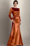 Satin Mermaid Terracotta Long Sleeves Mother of the Bride Dress with Sash