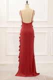 Rust Sheath Spaghetti Straps Long Bridesmaid Dress with Ruffles