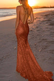 Sparkly Plum Spaghetti Straps Sequined Mermaid Formal Dress