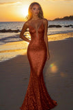 Sparkly Plum Spaghetti Straps Sequined Mermaid Formal Dress