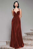 Burgundy Velvet Mermaid Thick Straps Long Ruched Holiday Party Dress