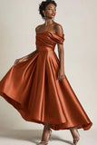 Leely Women Off the Shoulder Satin Terracotta A-Line Mother of the Bride Dress Pleated Tea Length Formal Dress