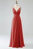 A-Line Pleated Spaghetti Straps Chiffon Bridesmaid Dress With Slit
