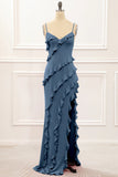 Rust Sheath Spaghetti Straps Long Bridesmaid Dress with Ruffles