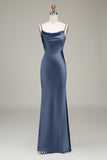 Dusty Sage Sheath Spaghetti Straps Satin Long Bridesmaid Dress