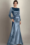 Satin Mermaid Terracotta Long Sleeves Mother of the Bride Dress with Sash