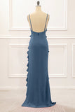 Rust Sheath Spaghetti Straps Long Bridesmaid Dress with Ruffles