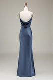 Dusty Sage Sheath Spaghetti Straps Satin Long Bridesmaid Dress