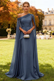 Dark Green Long One Shoulder Chiffon Wedding Guest Dress with Cape