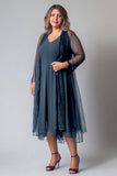 Dark Navy V-neck Chiffon Mother of the Bride Dress with Maxi Jacket