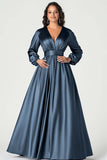 A-Line Peacock Satin Mother of the Bride Dress with Long Sleeves