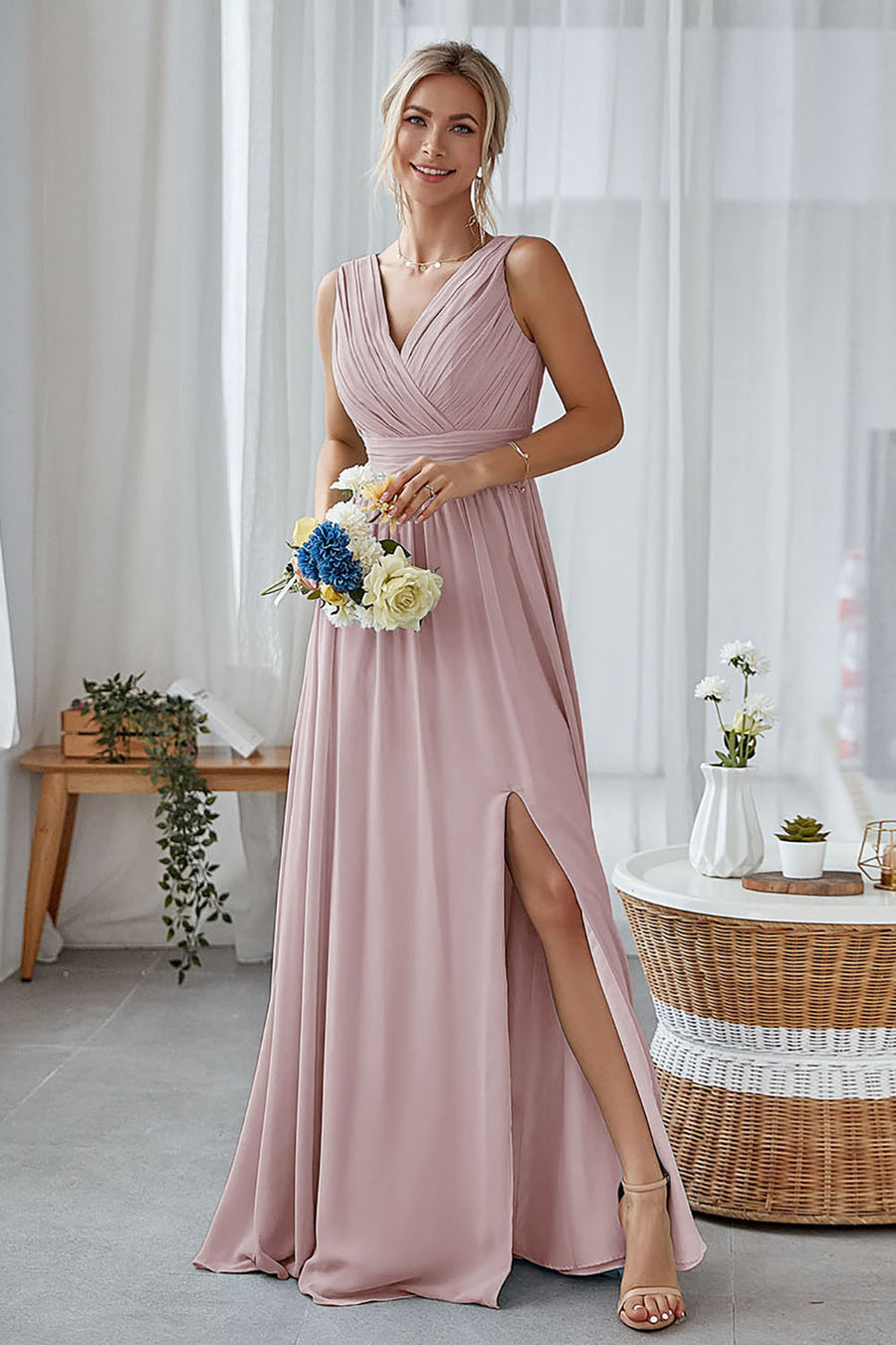 mauve bridesmaid dresses uk Long Chiffon Split Bridesmaid Dresses Plunge Neck